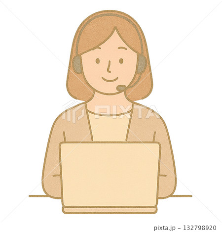 オンライン会議をする女性のイラスト、 テレワークで仕事をする女性のシンプルな構図、 ヘッドセットで応 132798920