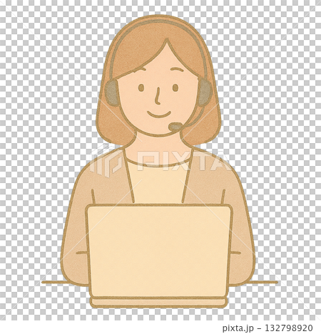 オンライン会議をする女性のイラスト、 テレワークで仕事をする女性のシンプルな構図、 ヘッドセットで応 132798920