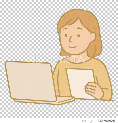 插圖描繪了一位女性在電腦上查看文件的場景，她正在網路上查看文件，在家工作時也在查看文件。 132798926