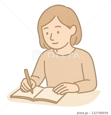 ノートにメモを取る女性のイメージ、 勉強や記録をするシンプルな日常シーン、 落ち着いた雰囲気でノート 132798930