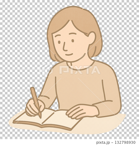 ノートにメモを取る女性のイメージ、 勉強や記録をするシンプルな日常シーン、 落ち着いた雰囲気でノート 132798930