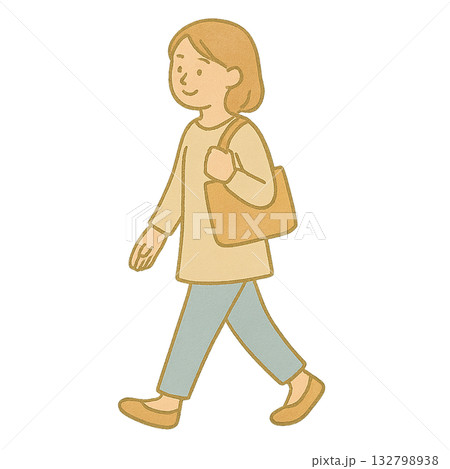 穏やかな表情で歩く女性のイラスト、 ナチュラルな服装で歩く日常のワンシーン、 落ち着いた雰囲気の女性 132798938