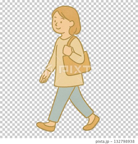 穏やかな表情で歩く女性のイラスト、 ナチュラルな服装で歩く日常のワンシーン、 落ち着いた雰囲気の女性 132798938