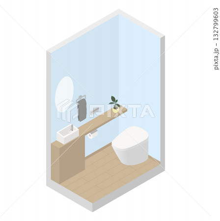 手洗いキャビネット付きトイレのおしゃれな内装イラスト 132799603