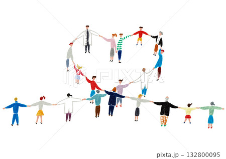 手描きイラスト　ハートの形を作りながら手をつなぐ医者と患者と看護師 132800095