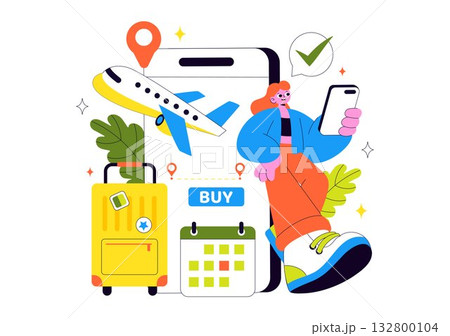 Online Ticket Travel Vector Illustration Through a Transportation and Journey Provider App for Booking in a Flat Cartoon Background Design 132800104