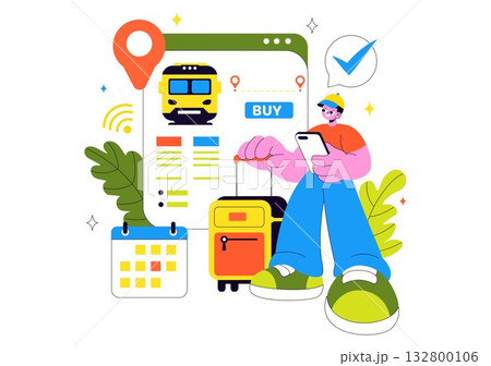 Online Ticket Travel Vector Illustration Through a Transportation and Journey Provider App for Booking in a Flat Cartoon Background Design 132800106