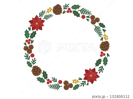 白いポインセチアがアクセントのクリスマスリースのベクターイラスト 132800112