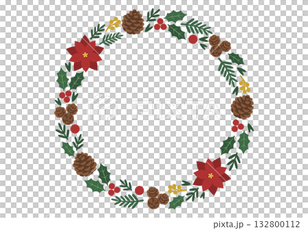 白いポインセチアがアクセントのクリスマスリースのベクターイラスト 132800112