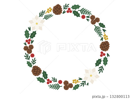 白いポインセチアがアクセントのクリスマスリースのベクターイラスト 132800113