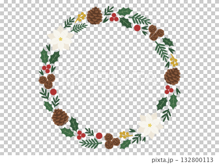 白いポインセチアがアクセントのクリスマスリースのベクターイラスト 132800113