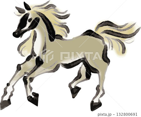 年賀2026　年賀状　筆描き 水彩　墨絵　水墨画　午のイラスト素材　和風モダンな干支の馬 132800691