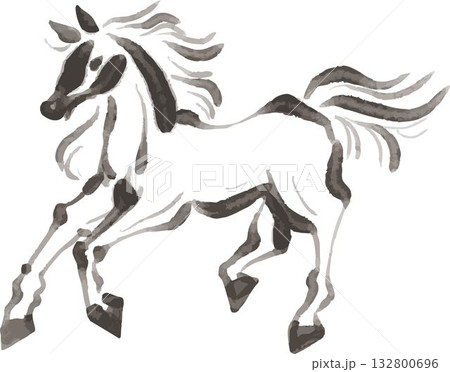 年賀2026 年賀状 筆描き 水彩 墨絵 水墨画 午のイラスト素材 和風モダンな干支の馬 年賀2026 年賀状 筆描き 水彩 墨絵 水墨画 午のイラスト素材 和風モダンな干支の馬 132800696