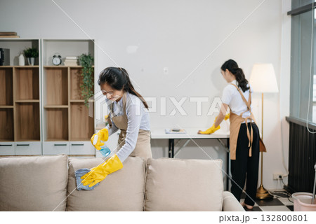 Efficient and professional housekeeping with our dynamic cleaning duo. Perfect teamwork ensures spotless cleanliness 132800801