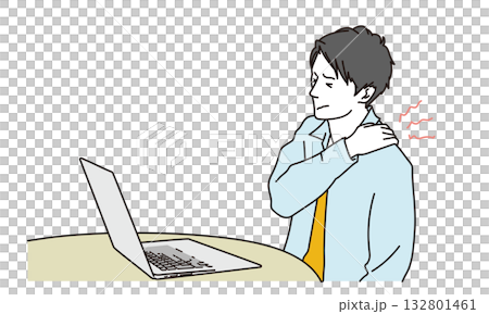 插畫素材：一名男子在電腦前工作時肩膀僵硬。 132801461