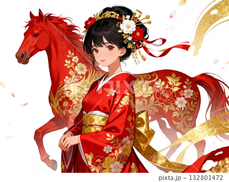 新春　午年　女性　着物 132801472