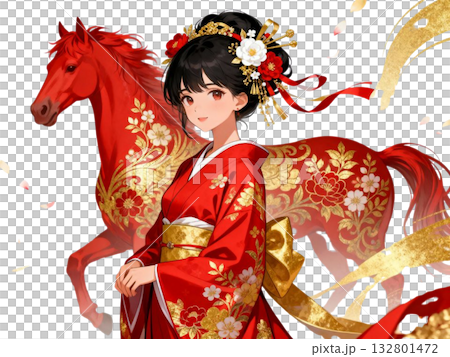 新春　午年　女性　着物 132801472