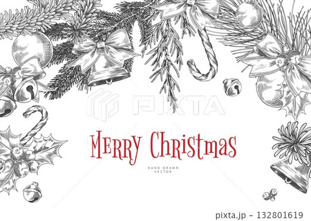 Happy New Year and Merry Christmas holiday vector banner, engraved hand drawn decorations and conifer trees with cones 132801619