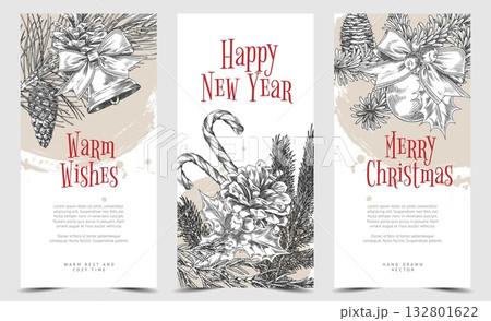Happy New Year and Merry Christmas holiday card vector set, engraved hand drawn decorations and conifer trees with cones Happy New Year and Merry Christmas holiday card vector set, engraved hand drawn decorations and conifer trees with cones 132801622