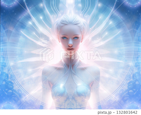 幻想的で白く輝く光りに包まれた女神のような女性イメージ 132801642