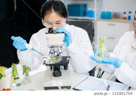 Two Asian scientists in a lab conducting food research using a microscope and lab equipment, showcasing innovation in food science 132801700
