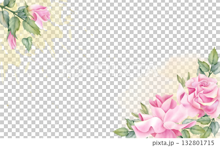 Spring floral template, frame, Pink rose, floral composition, leaves, light yellow watercolor splashes. Pastel botanical flower Illustration isolated from background for your design card, invitation 132801715