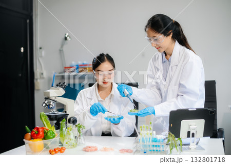 Food scientists in lab coats, testing samples, and analyzing food safety and quality Food scientists in lab coats, testing samples, and analyzing food safety and quality 132801718