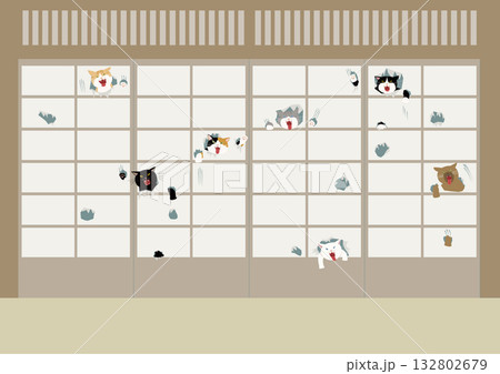 障子の穴から顔を出す7匹の猫 132802679