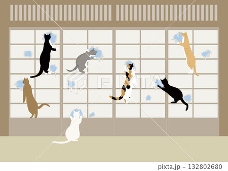 障子に穴を開けて外を見る7匹の猫 障子に穴を開けて外を見る7匹の猫 132802680