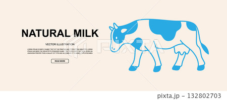 Stylized blue cow grazing in modern flat vector art. Minimal design for milk product branding and eco packaging Stylized blue cow grazing in modern flat vector art. Minimal design for milk product branding and eco packaging 132802703