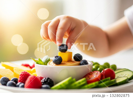 Child hand reaching fruits background design Child hand reaching fruits background design 132802875