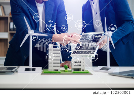 Business team working virtual modern smartphone to reduce CO2 emissions carbon footprint climate change to limit global warming.Sustainable development 132803001