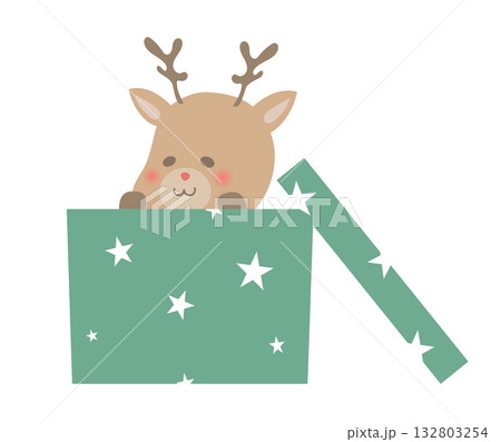プレザントの箱から顔を出すトナカイ プレザントの箱から顔を出すトナカイ 132803254