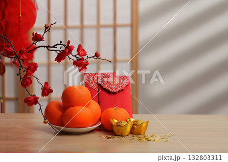 Background with festive Chinese decorations and symbols of wealth Background with festive Chinese decorations and symbols of wealth 132803311