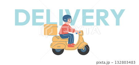 Delivery person wearing helmet riding scooter motorcycle with large parcel box text DELIVERY logistics courier service fast shipping Delivery person wearing helmet riding scooter motorcycle with large parcel box text DELIVERY logistics courier service fast shipping 132803483