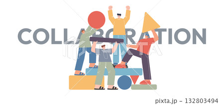 team of diverse people assembling shapes symbolizing teamwork collaboration synergy and problem solving title COLLABORATION working together to achieve goal team of diverse people assembling shapes symbolizing teamwork collaboration synergy and problem solving title COLLABORATION working together to achieve goal 132803494