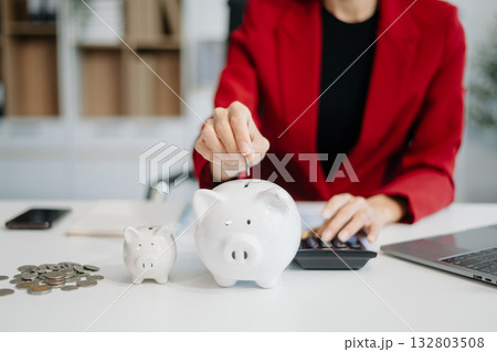 Woman hand holding coin with pig piggy bank. Saving and financial accounts concept Woman hand holding coin with pig piggy bank. Saving and financial accounts concept 132803508