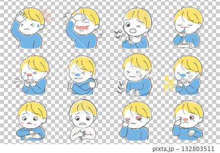 Illustration set of children suffering from various symptoms of infectious diseases and poor health Illustration set of children suffering from various symptoms of infectious diseases and poor health 132803511