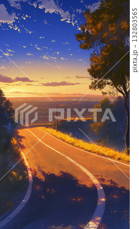 夕方のアスファルトの道、アニメ風 132803565