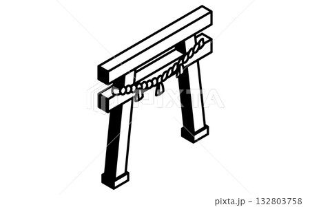 イベントアイコン、しめ縄のついた神社の鳥居のシンプルなアイソメトリックイラスト、白黒 132803758