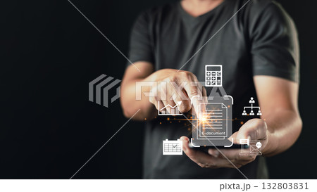 person interacts with a glowing e-document icon on a smartphone, surrounded by digital icons of charts, calendar, people, and calculator, symbolizing smart document management and workflow automation. person interacts with a glowing e-document icon on a smartphone, surrounded by digital icons of charts, calendar, people, and calculator, symbolizing smart document management and workflow automation. 132803831