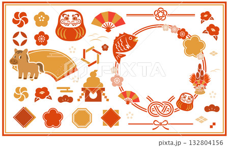 正月のイラストセット。年賀はがきや正月のセールに使えるアイコンセット 132804156