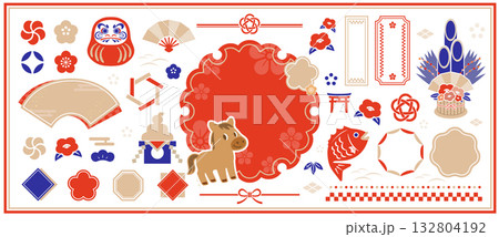 正月のイラストセット。年賀はがきや正月のセールに使えるアイコンセット 132804192