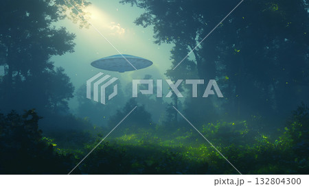 薄暗い森のUFO、アニメ風 132804300