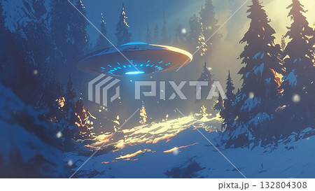 冬の森のUFOと光、アニメ風 132804308
