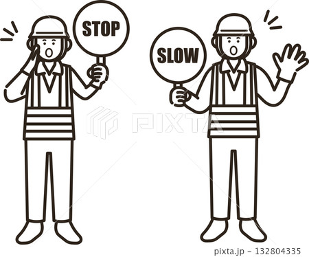 止まれと減速の標識を持つ交通誘導員の男性のイラスト 線画のみ 止まれと減速の標識を持つ交通誘導員の男性のイラスト 線画のみ 132804335