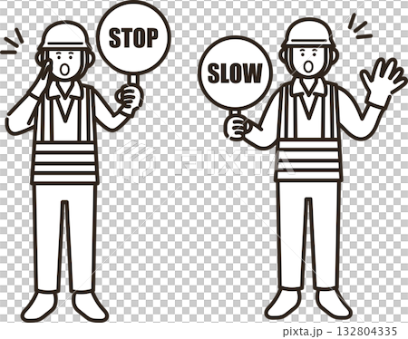 Illustration of a male traffic controller holding a stop and slow down sign (line drawing only) Illustration of a male traffic controller holding a stop and slow down sign (line drawing only) 132804335