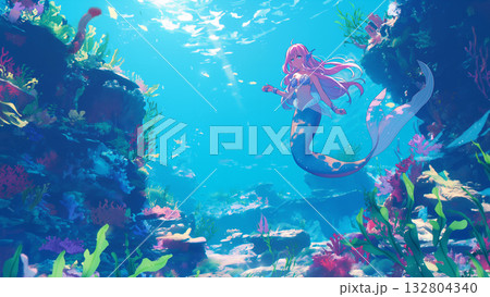 海の中の人魚、アニメ風 132804340