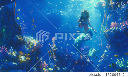 海の中の人魚、アニメ風 132804342
