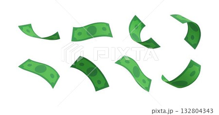 Set of flying paper dollar bills, with different curved shapes. 132804343